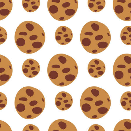 Seamless isolated pattern with beige and brown colored chocolate cookies elements. White background. Tasty dessert. Designed for wallpaper, textile, wrapping paper, fabric print. Vector illustration.のイラスト素材