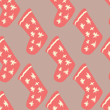 Pink christmas socks with stars seamless doodle pattern. Pastel background. Winter warm cozy artwork. Great for wallpaper, textile, wrapping paper, fabric print. Vector illustration.のイラスト素材