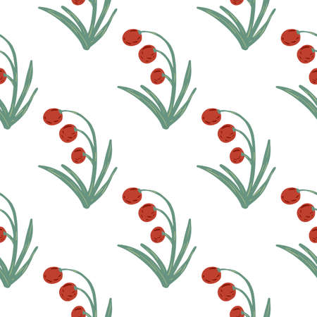Isolated seamless doodle pattern with forest berry silhouettes. Red floral ornament with green stems...