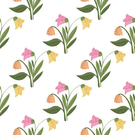 Isolated vintage flowers seamless pattern. Doodle simple botanic ornament in pink and yellow buds. White background. Designed for fabric design, textile print, wrapping, cover. Vector illustration.のイラスト素材