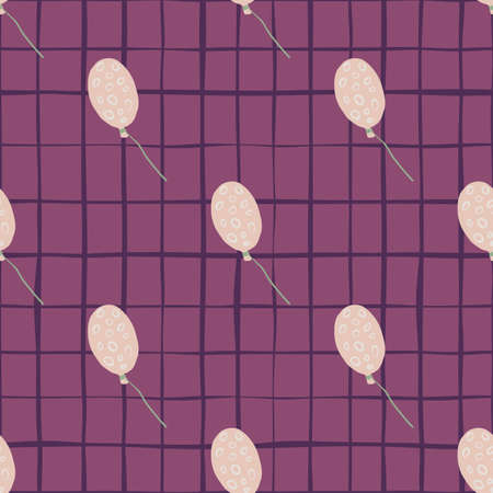 Light pink balloons seamless pattern. Stylized holiday print with rings ornament on purple checkered background. Perfect for wallpaper, textile, wrapping paper, fabric print. Vector illustration.のイラスト素材