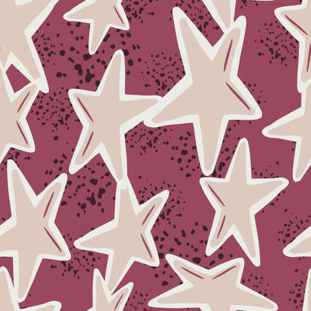 Random seamless pattern with doodle hand drawn star silhouettes. Light beige geometric ornament on dark pink background with splashes. For wallpaper, textile, wrapping, fabric. Vector illustrationのイラスト素材