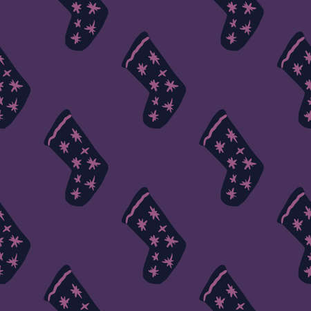 Seamless pattern with christmas socks doodle elements. Purple background. New year holiday backdrop. Great for wallpaper, textile, wrapping paper, fabric print. Vector illustration.のイラスト素材