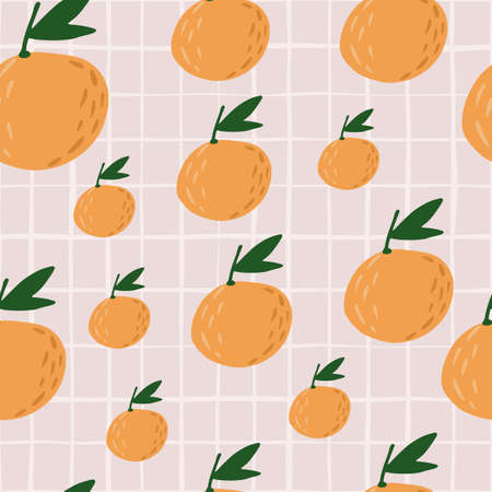 Random seamless fruit pattern with orange mandarins silhouettes. Light pink checkered background....