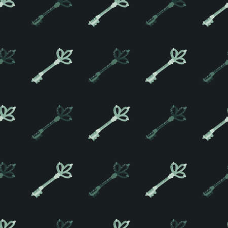 Dark seamless pattern with hand drawn keys elements. Century abstract simple forms on black background. Perfect for wallpaper, textile, wrapping paper, fabric print. Vector illustration.のイラスト素材