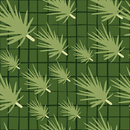 Seamless random pattern with forest pine branches silhouettes. Green palette coniferous artwork. Checkered background. Designed for fabric design, textile print, wrapping, cover. Vector illustration.のイラスト素材