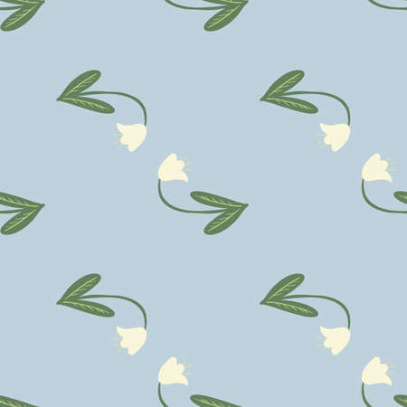Spring seamless pattern with campanula flower silhouettes. Green stems and white buds on blue...