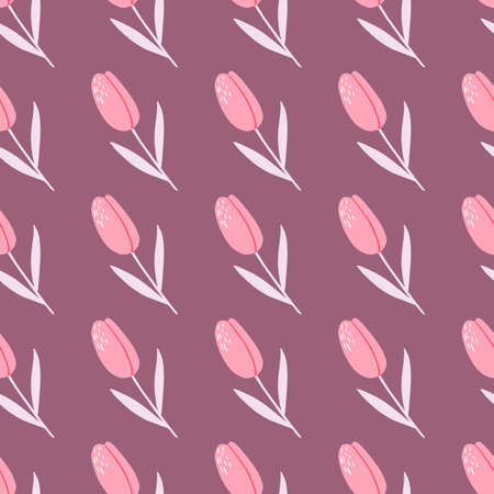 Stylized botanic seamless flower pattern. Tulip pink silhouettes on purple light background. Perfect for wallpaper, textile, wrapping paper, fabric print. Vector illustration.のイラスト素材
