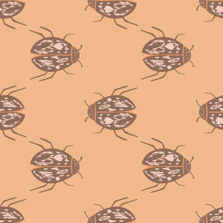 Brown colored scarab beetles seamless pattern. Doodle animal print on beige background. Exotic botanic pattern.のイラスト素材