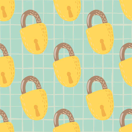 Yellow and beige colored lock ornament seamless pattern. Doodle vintage elements on blue checkered background.のイラスト素材