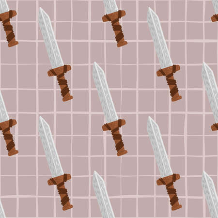 Gray colored sword silhouettes seamless stylized pattern. Historical ornament with pale pink checkered ornament. Perfect for fabric design, textile print, wrapping, cover. Vector illustration.のイラスト素材