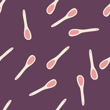 Random seamless pattern with spoon hand drawn ornament. White and pink colored mixing equipment on purple background. Designed for wallpaper, textile, wrapping paper, fabric print. Vector illustrationのイラスト素材