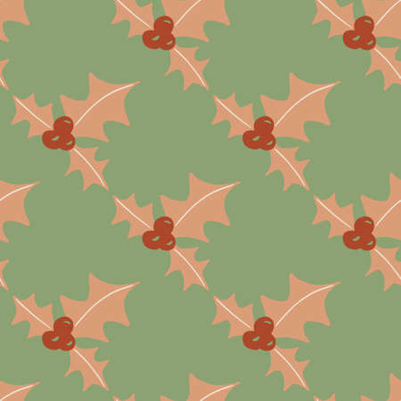 Pale pink mistletoe new year branches seamless doodle pattern. Green background. Winter stylized holiday backdrop. Perfect for wallpaper, textile, wrapping paper, fabric print. Vector illustration.のイラスト素材