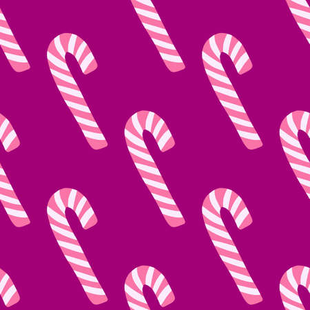 Seamless bright new year pattern with pink and white colored candy shapes. Violet background. Sweet food backdrop. Backdrop for fabric design, textile print, wrapping, cover. Vector illustration.のイラスト素材