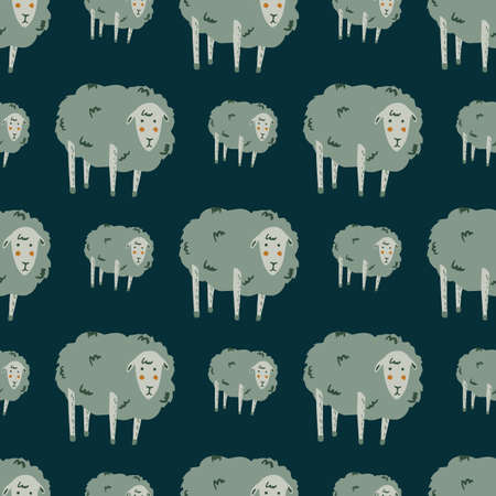 Light green colored sheep ornament seamless village pattern. Cute cartoon animals silhouettes on navy blue background. Great for fabric design, textile print, wrapping, cover. Vector illustration.のイラスト素材