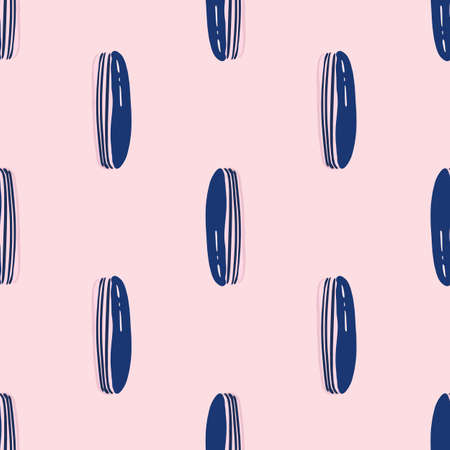 Eclair doodle ornament seamless stylized pattern. Navy blue outline delicious cartoon bakery on light pink background. Backdrop for fabric design, textile print, wrapping, cover. Vector illustrationのイラスト素材