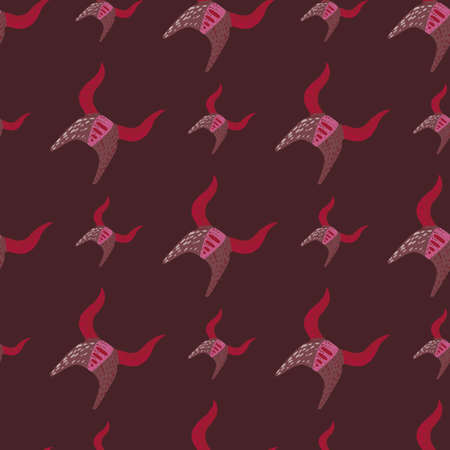 Doodle seamless pattern in maroon tones with viking helmets. Norway ancient print in red and pink dark tones. Battle elements backdrop. For fabric design, textile, wrapping, cover. Vector illustrationのイラスト素材