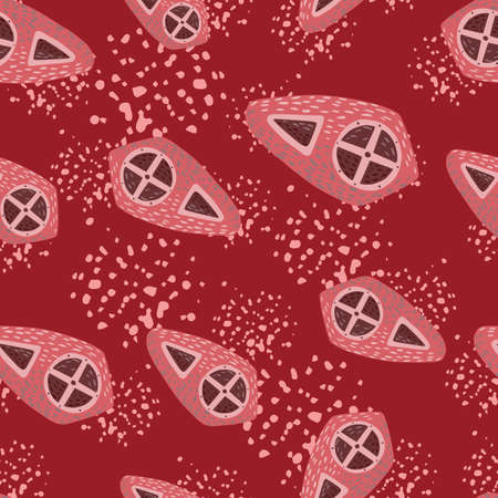 Ancient seamless pattern with doodle random shield print. Steel weapon elements on red blood background with splashes. War theme. For fabric design, textile print, wrapping, cover. Vector illustrationのイラスト素材