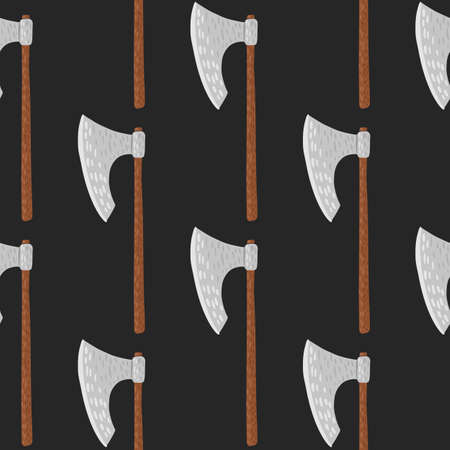 Minimalistic seamless pattern with doodle viking ax ornament. Steel weapon shapes with wood handle on black background. Designed for fabric design, textile print, wrapping, cover. Vector illustration.のイラスト素材