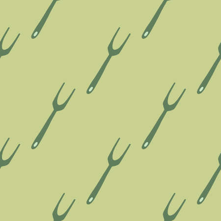 Minimalistic seamless pattern with kitchen tools elements. Diagonal ornament with grill forks silhouettes. Green palette arwork. For wallpaper, textile, wrapping, fabric print. Vector illustrationのイラスト素材