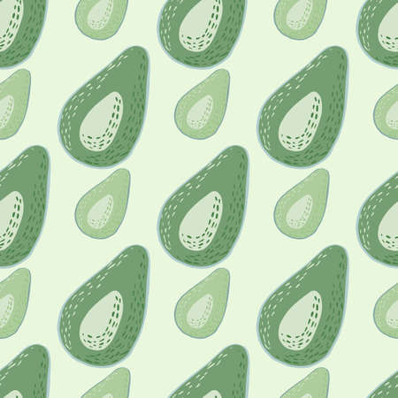Isolated seamless cartoon pattern with avocado half silhouettes. Simple fruit print in green palette on white background. Perfect for wallpaper, textile, wrapping paper, fabric. Vector illustration.のイラスト素材