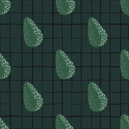 Dark pale seamless fruit pattern with healthy avocado fruit. Vegan simple print on checkered...