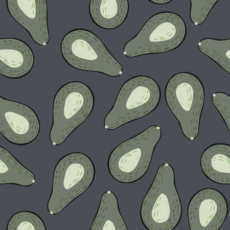 Random seamless doodle pattern with avocado half shapes. Pale purple background and gray fruits...