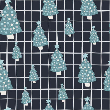 Random seamless stylized pattern with blue colored new year tree toy silhouettes. Dark navy blue checkered background. Designed for fabric design, textile print, wrapping, cover. Vector illustration.のイラスト素材