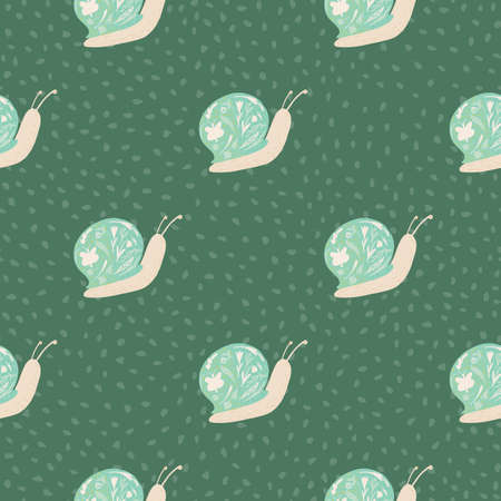Blue and beige colored snails elements seamless pattern. Green dotted background. Childish animal backdrop. Decorative backdrop for fabric design, textile print, wrapping, cover. Vector illustration.のイラスト素材