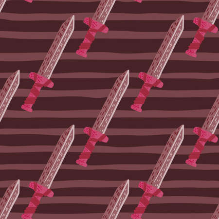 Creative seamless pattern with swors doodle ornament. Historical knife elements on striped maroon background. Perfect for fabric design, textile print, wrapping, cover. Vector illustration.のイラスト素材