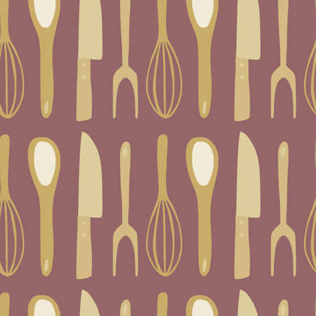 Seamles kitchen tools doodle pattern. Stylized knife, spoon, fork, corolla silhouettes artwork in maroon and ocher tones. For fabric design, textile print, wrapping, cover. Vector illustrationのイラスト素材