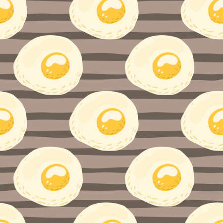 Omelette doodle seamless pattern. Simple food ornament with breakfast meal on purple stripped background. Great for wallpaper, textile, wrapping paper, fabric print. Vector illustration.のイラスト素材