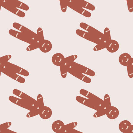 Maroon colored gingerbread man cookies seamless pattern. Light background. Xmas delicious treats backdrop. Designed for wallpaper, textile, wrapping paper, fabric print. Vector illustration.のイラスト素材