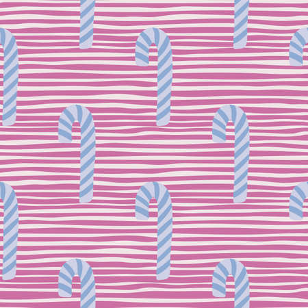 Blue striped christmas lollipos silhouettes seamless pattern. Holiday treats ornament on pink striped background. For fabric design, textile print, wrapping, cover. Vector illustration.のイラスト素材