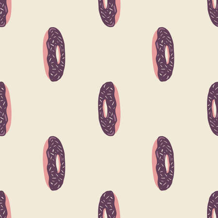 Cartoon seamless pattern with dinuts simple ornament. Stylized food backdrop with purple and pink colored sweet elements. For fabric design, textile print, wrapping, cover. Vector illustration.のイラスト素材