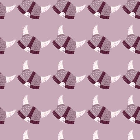 Purple tones seamless doodle pattern with nordic viking helmet silhouettes. Swedish armor backdrop in pastel colors. Great for fabric design, textile print, wrapping, cover. Vector illustration.のイラスト素材