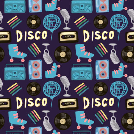 Bright disco ball, microphone, rollers, cassette, tape recorder, vinyl, records shapes seamless pattern. Dark purple background. Colorful hipster artwork. For fabric design. Vector illustrationのイラスト素材