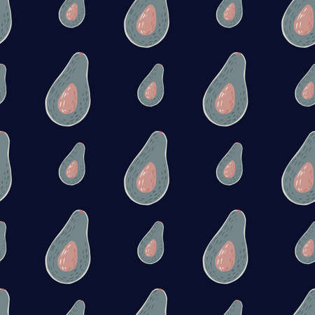 Pink and gray colored avocados seamless organic pattern. Navy blue dark background. Vitamin tasty backdrop. Designed for wallpaper, textile, wrapping paper, fabric print. Vector illustration.のイラスト素材