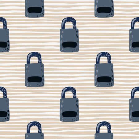Navy blue colored lock door elements seamless doodle pattern. Light stripped background. Old decoration century print. For wallpaper, textile, wrapping paper, fabric print. Vector illustrationのイラスト素材