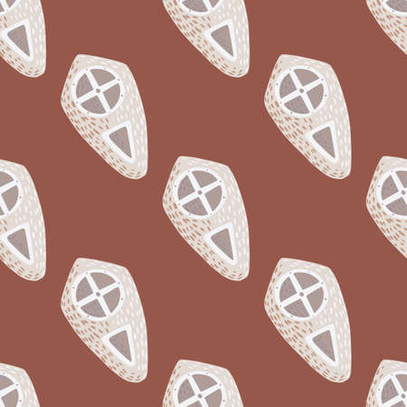 Hand drawn seamless pattern with creative shield light silhouettes print. Pale maroon background. History armor backdrop. For fabric design, textile print, wrapping, cover. Vector illustration.のイラスト素材
