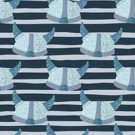 Light blue doodle viking helmet elements seamless pattern. Striped background with gray and navy blue lines. Great for fabric design, textile print, wrapping, cover. Vector illustration.のイラスト素材