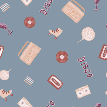 Random seamless pattern with doodle ball, microphone, rollers, cassette, tape recorder, vinyl, records silhouettes. Pale blue background. Maroon elements. Designed for fabric, textile, wrapping coverのイラスト素材