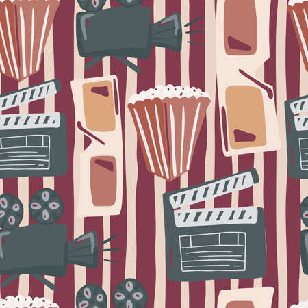 Holywood style seamless cinema movie pattern. Popcorn, camera, 3d glasses and clapperboard silhouettes on striped background. Maroon tones artwork. For fabric design, textile. Vector illustrationのイラスト素材