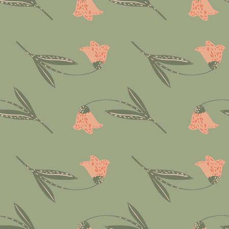 Campanula flower ornament seamless nature pattern. Wild botanic pink elements on green background....