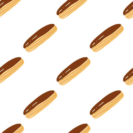 Isolated seamless pattern with doodle creative tasty eclair silhouettes. Chocolate glazed dessert on white background. Great for fabric design, textile print, wrapping, cover. Vector illustration.のイラスト素材