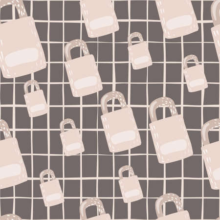 Seamless random pattern with light lock door ornament. Gray checkered background. Vintage secret backdrop. Designed for wallpaper, textile, wrapping paper, fabric print. Vector illustration.のイラスト素材