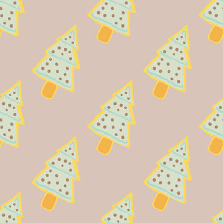 Yellow contoured fir tree cookies doodle seamless pattern. Light pastel background. Winter tasty backdrop. Perfect for wallpaper, textile, wrapping paper, fabric print. Vector illustration.のイラスト素材