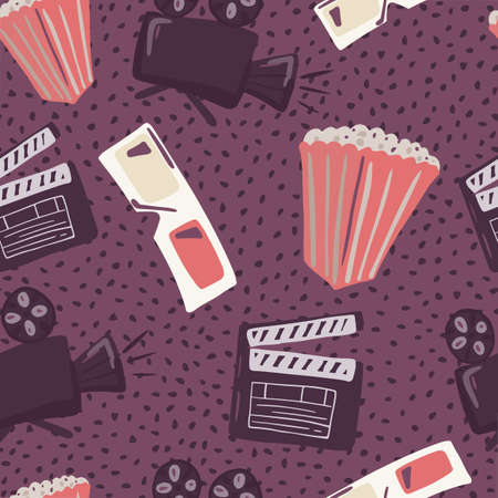 Popcorn, camera, 3d glasses and clapperboard silhouettes seamless doodle pattern. Cinema movie print with purple dotted background. For fabric design, textile, wrapping, cover. Vector illustration.のイラスト素材