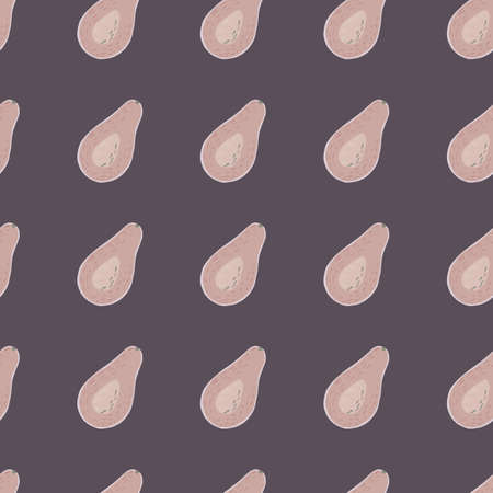 Pink colored avocado half silhouettes seamless doodle pattern. Purple background. Pastel tones fruit...