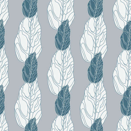 Winter botanic leaf shapes seamless doodle pattern. Outline foliage ornament in white and navy blue colors on pastel background. For fabric design, textile print, wrapping, cover. Vector illustrationのイラスト素材